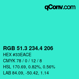 カラーコード: RGB 51.3 234.4 206 | qconv.com