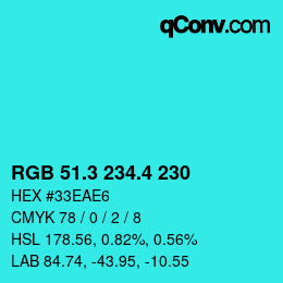 カラーコード: RGB 51.3 234.4 230 | qconv.com