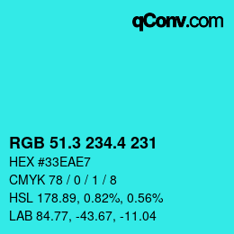 カラーコード: RGB 51.3 234.4 231 | qconv.com