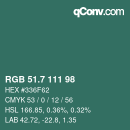 カラーコード: RGB 51.7 111 98 | qconv.com