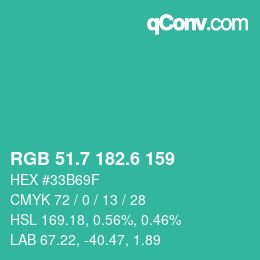 カラーコード: RGB 51.7 182.6 159 | qconv.com