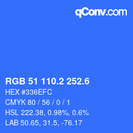 カラーコード: RGB 51 110.2 252.6 | qconv.com