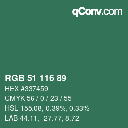 Color code: RGB 51 116 89 | qconv.com