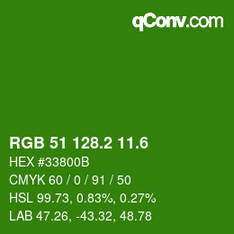 カラーコード: RGB 51 128.2 11.6 | qconv.com