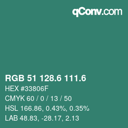 カラーコード: RGB 51 128.6 111.6 | qconv.com