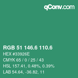 カラーコード: RGB 51 146.6 110.6 | qconv.com