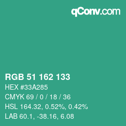 Color code: RGB 51 162 133 | qconv.com