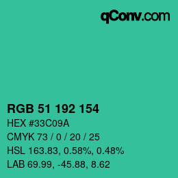 カラーコード: RGB 51 192 154 | qconv.com