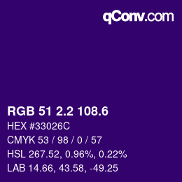カラーコード: RGB 51 2.2 108.6 | qconv.com