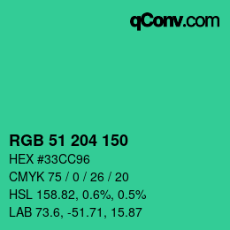 颜色代码: RGB 51 204 150 | qconv.com
