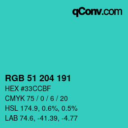 颜色代码: RGB 51 204 191 | qconv.com