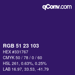 Color code: RGB 51 23 103 | qconv.com