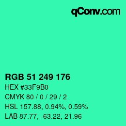 カラーコード: RGB 51 249 176 | qconv.com