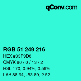 Farbcode: RGB 51 249 216 | qconv.com