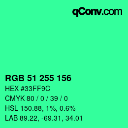 颜色代码: RGB 51 255 156 | qconv.com