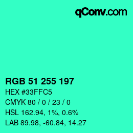颜色代码: RGB 51 255 197 | qconv.com
