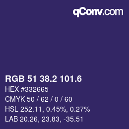 カラーコード: RGB 51 38.2 101.6 | qconv.com