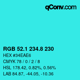 カラーコード: RGB 52.1 234.8 230 | qconv.com