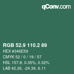 カラーコード: RGB 52.9 110.2 89 | qconv.com