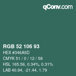 Color code: RGB 52 106 93 | qconv.com