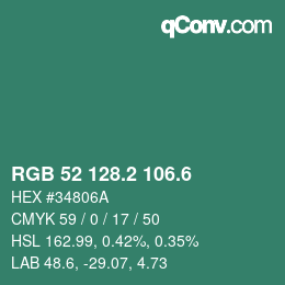 カラーコード: RGB 52 128.2 106.6 | qconv.com