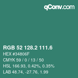 カラーコード: RGB 52 128.2 111.6 | qconv.com