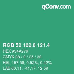カラーコード: RGB 52 162.8 121.4 | qconv.com