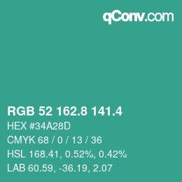カラーコード: RGB 52 162.8 141.4 | qconv.com