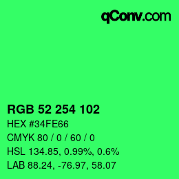 颜色代码: RGB 52 254 102 | qconv.com
