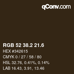 カラーコード: RGB 52 38.2 21.6 | qconv.com