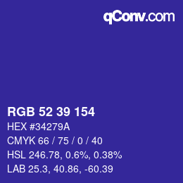 Color code: RGB 52 39 154 | qconv.com