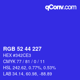 Color code: RGB 52 44 227 | qconv.com