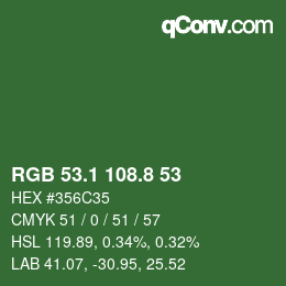 Color code: RGB 53.1 108.8 53 | qconv.com
