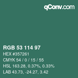Color code: RGB 53 114 97 | qconv.com