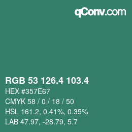 カラーコード: RGB 53 126.4 103.4 | qconv.com