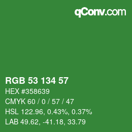 Color code: RGB 53 134 57 | qconv.com