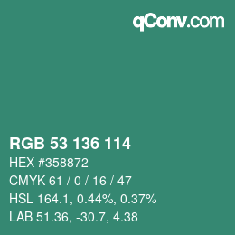 Color code: RGB 53 136 114 | qconv.com