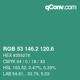 カラーコード: RGB 53 146.2 120.6 | qconv.com