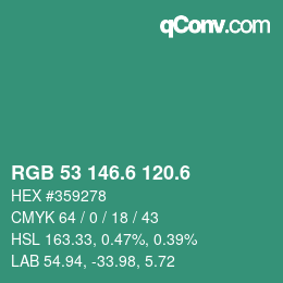 カラーコード: RGB 53 146.6 120.6 | qconv.com