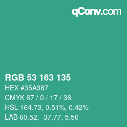 Color code: RGB 53 163 135 | qconv.com