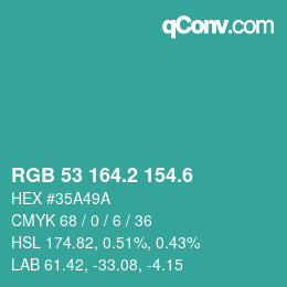 カラーコード: RGB 53 164.2 154.6 | qconv.com