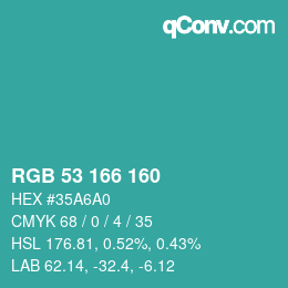 Color code: RGB 53 166 160 | qconv.com