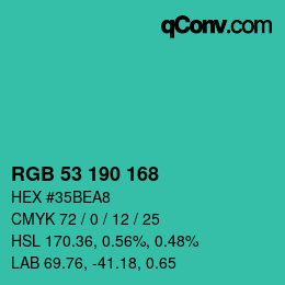 Color code: RGB 53 190 168 | qconv.com