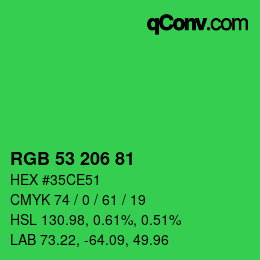 カラーコード: RGB 53 206 81 | qconv.com