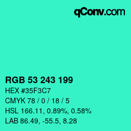 Color code: RGB 53 243 199 | qconv.com