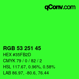 颜色代码: RGB 53 251 45 | qconv.com