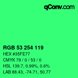 カラーコード: RGB 53 254 119 | qconv.com