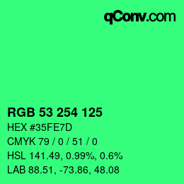 カラーコード: RGB 53 254 125 | qconv.com