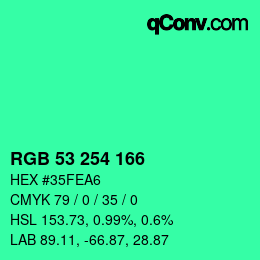 カラーコード: RGB 53 254 166 | qconv.com