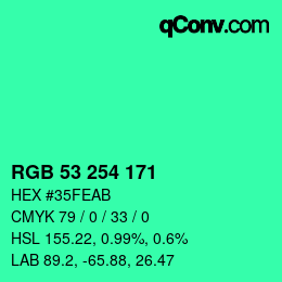 カラーコード: RGB 53 254 171 | qconv.com